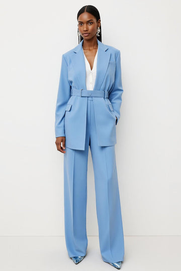 Bleu 2 pièces cranté revers femmes costumes avec ceinture